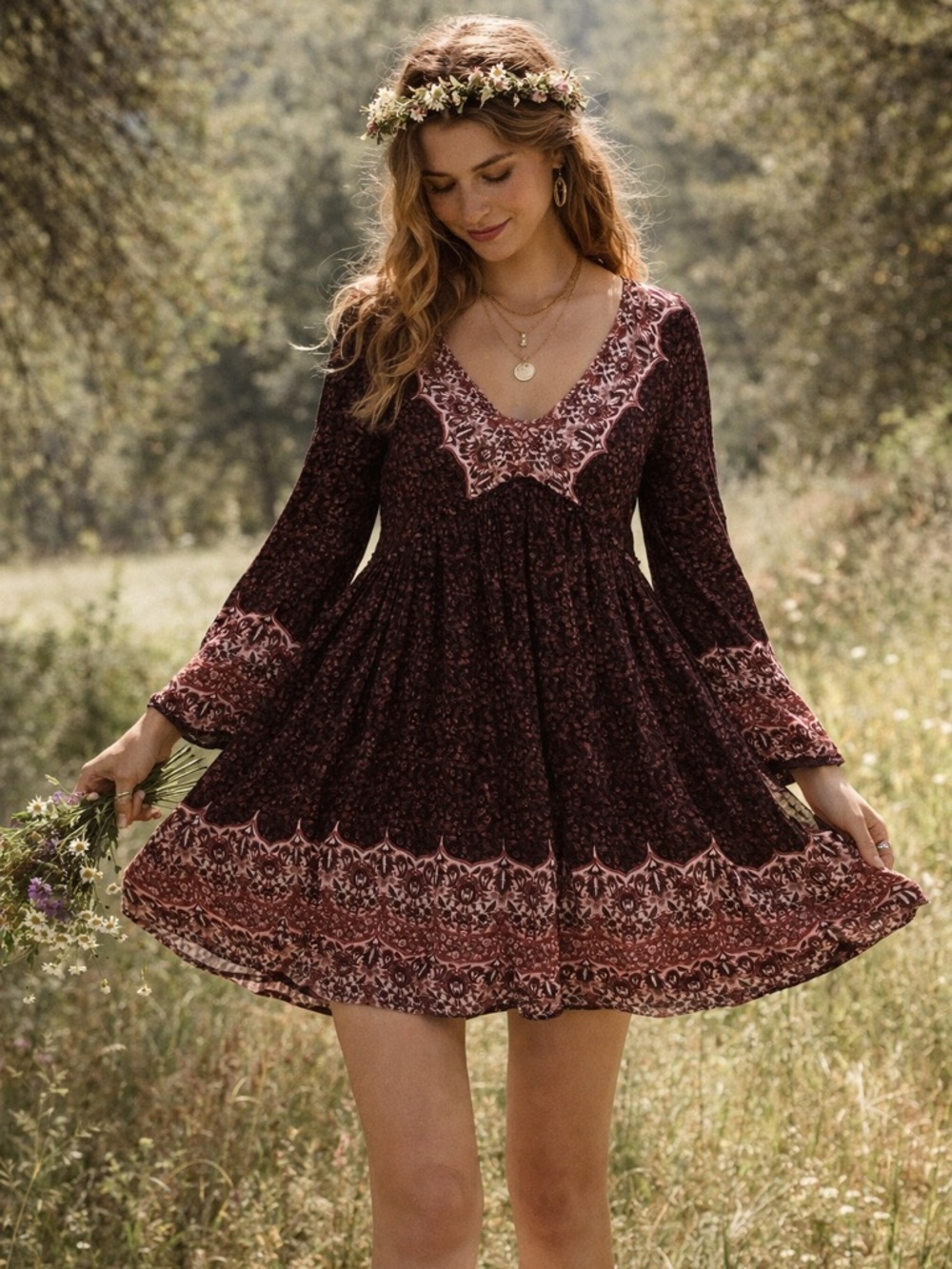 Boho Babydoll Dress Fall CottageCore Indie Fairy Granola Flowy Mini Tunic